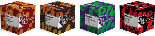 Fall Restoration 4-pack: four 5 oz Mom Bomb bath bombs in Pumpkin Spice, Apple Cinnamon, Witches Brew and Blood Bath