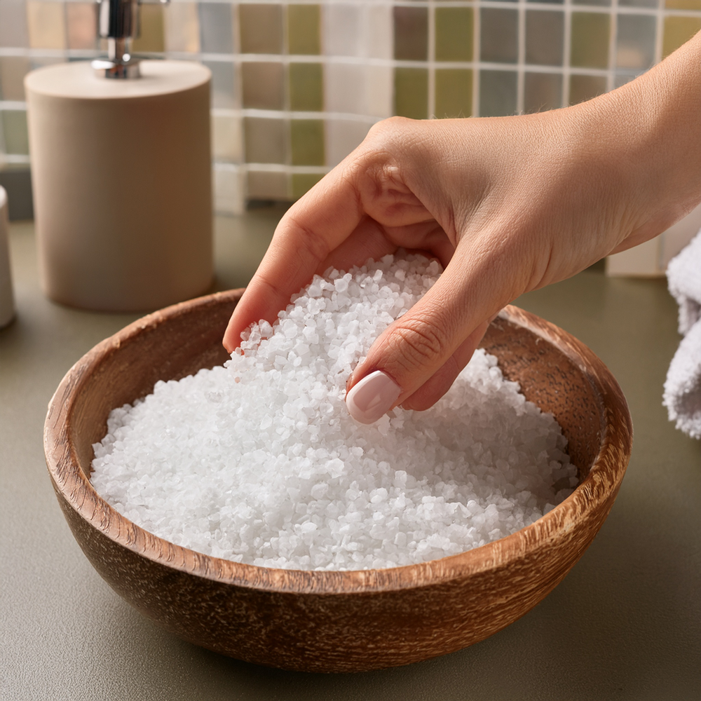 Hand scooping bath salts from a wooden bowl