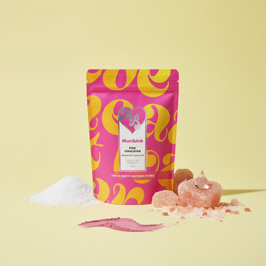 Pink Himalayan bath soak bag with pink salt on a yellow background