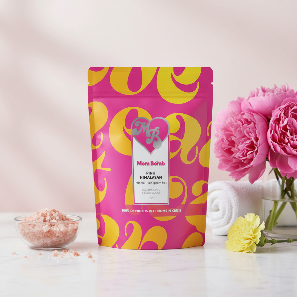 Pink Himalayan bath soak bag with a pink rose