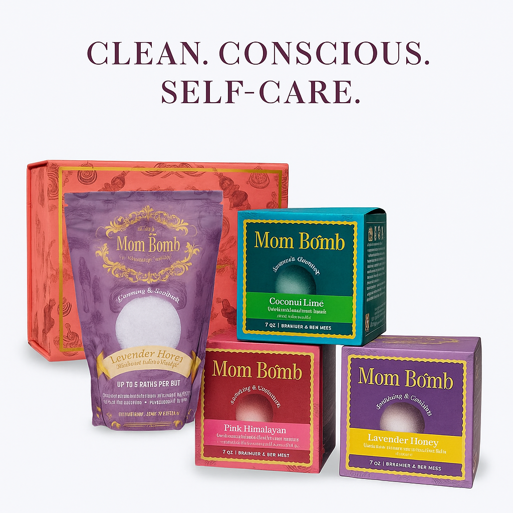Mom Bomb bath and body products displayed with colorful packaging, including Lavender Honey, Coconut Lime, and Pink Himalayan scents. Text reads “Clean. Conscious. Self-Care.”