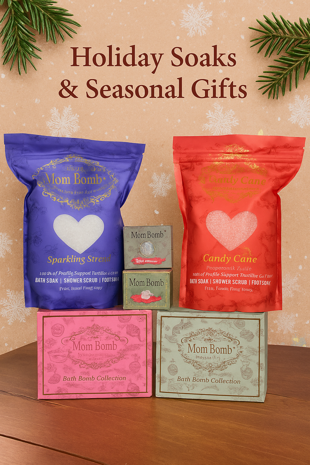 Mom Bomb holiday bath soaks and gift boxes with festive packaging and snowflake background.