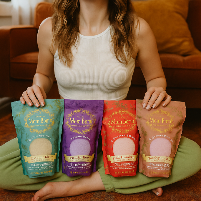 Four Mom Bomb bath soak pouches—Coconut Lime, Lavender Honey, Pink Himalayan, and Eucalyptus Rose—displayed on a soft marble background