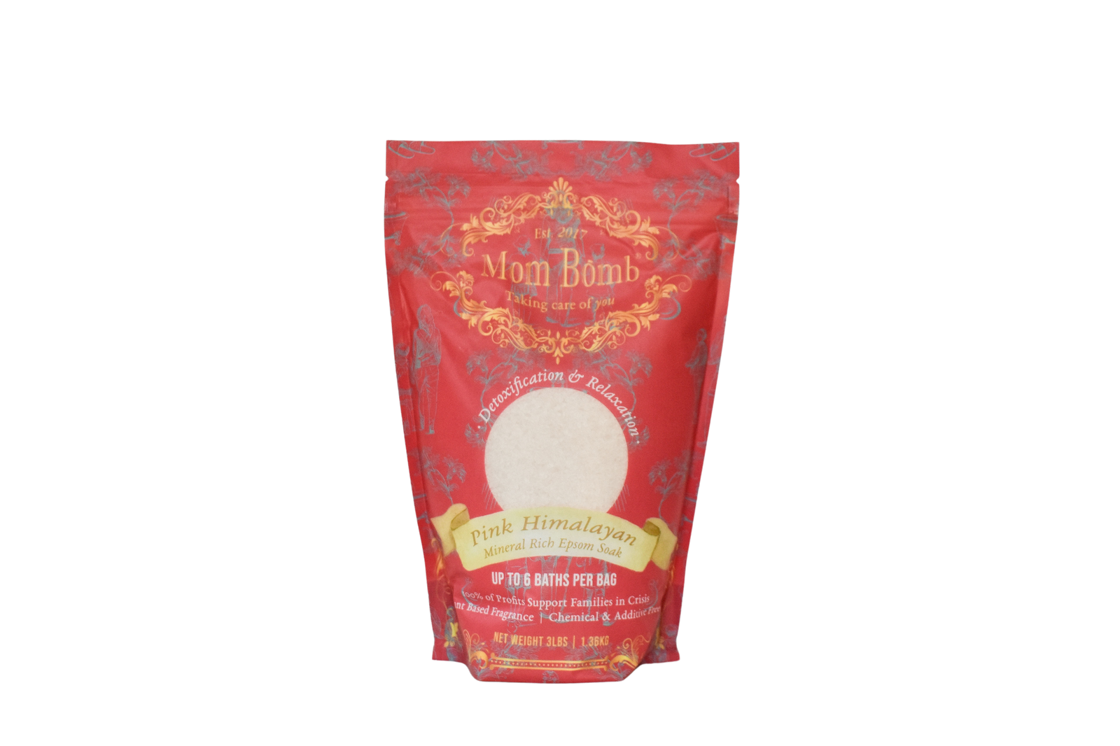 Mom Bomb Pink Himalayan Bath Soak – 3 lb red and gold pouch shown on white background with product label reading detoxification and relaxation
