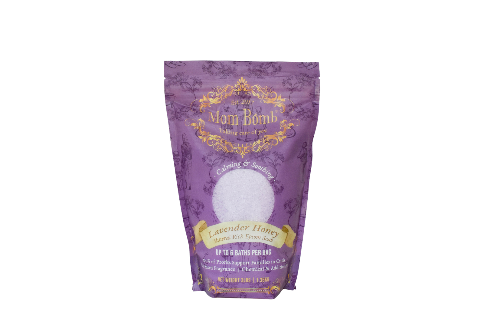 Mom Bomb Lavender Honey Bath Soak – 3 lb purple pouch with gold accents labeled calming and soothing, made with mineral-rich Epsom salt and all-natural ingredients