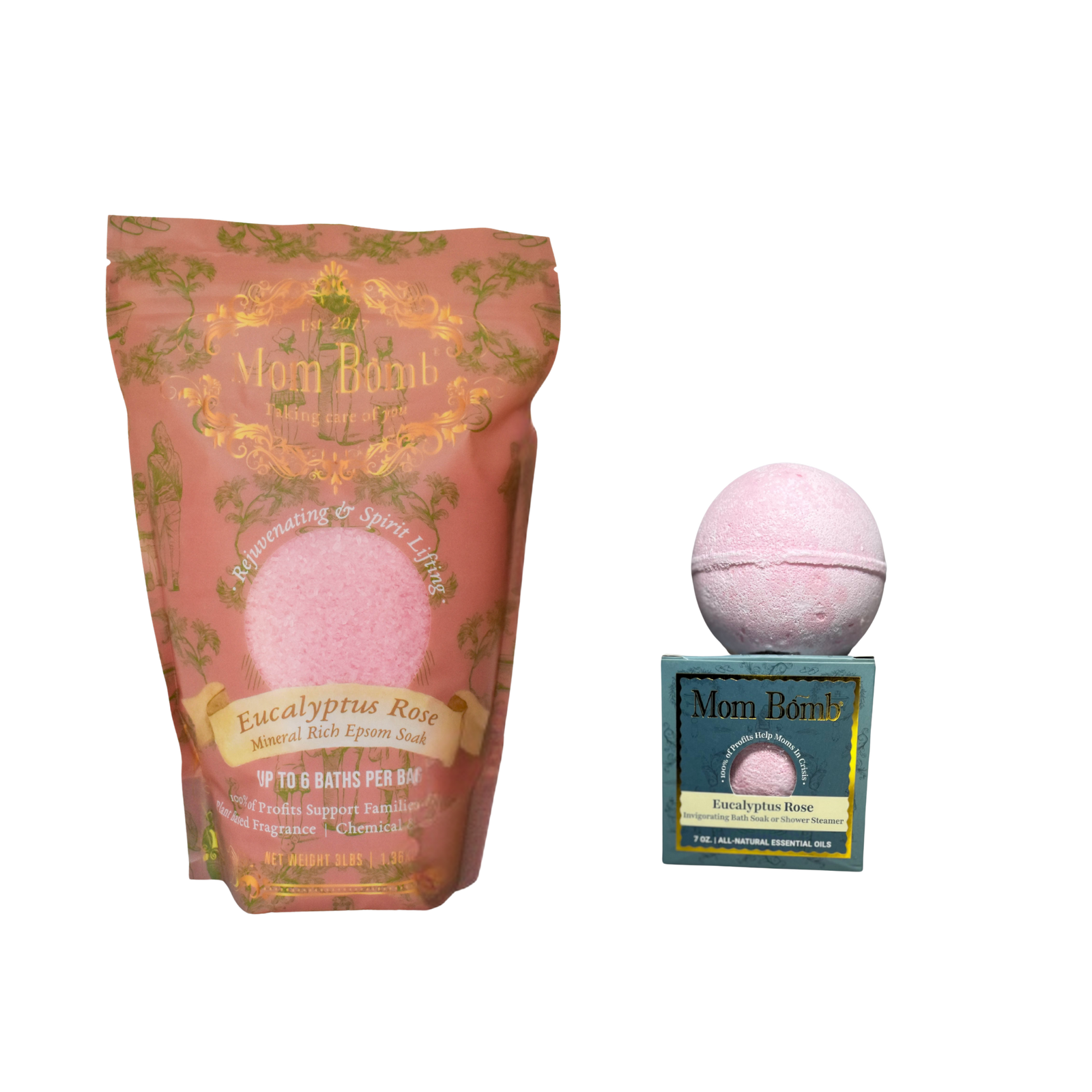 Eucalyptus Rose Duo – 3 lb Bath Salt + 7 oz Bath Bomb / Shower Steamer