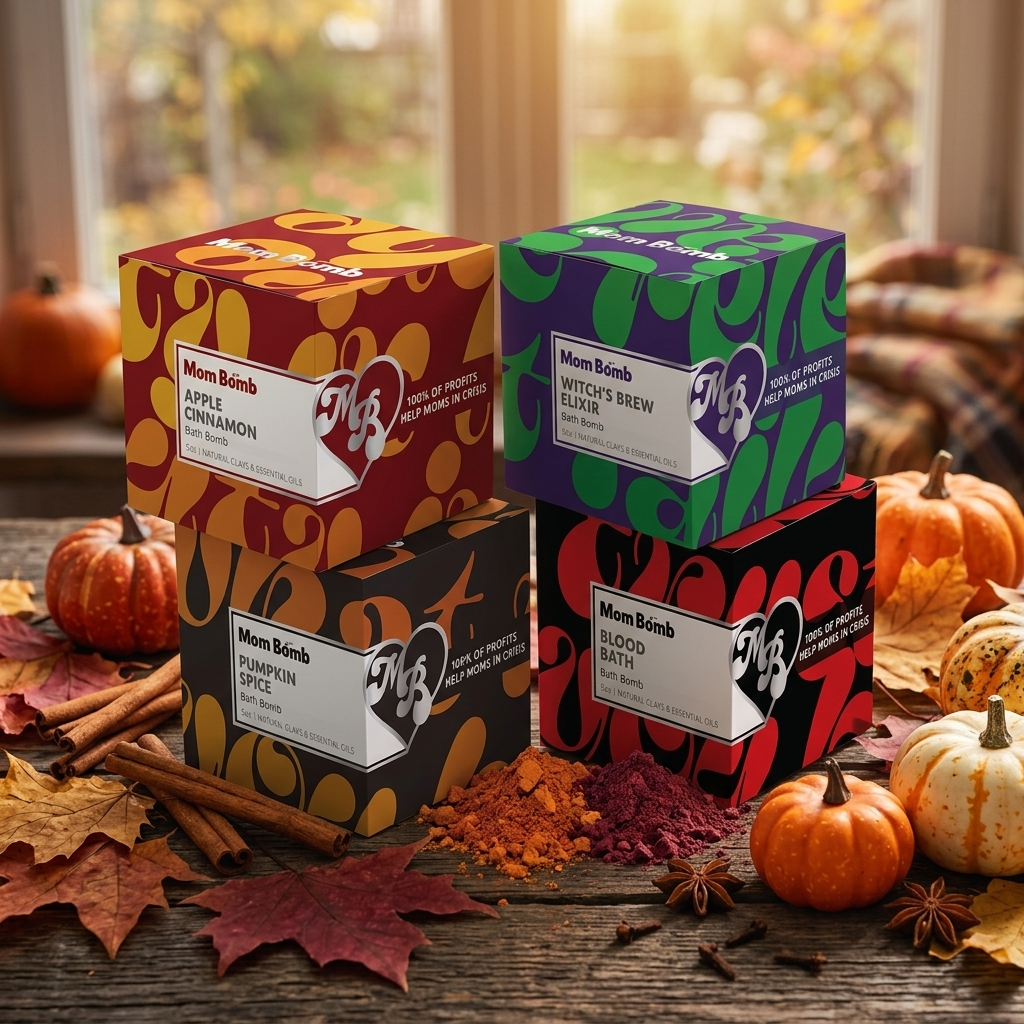 Fall Restoration bath bomb gift set from Mom Bomb, four 5 oz bath bombs styled for fall