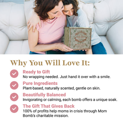 Close-up of four Evergreen Moments bath bombs from Mom Bomb on white background, labeled Sparkling Snow, Sugar Cookie, Peppermint Vanilla, and Autumn Spice
