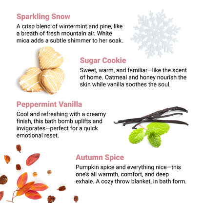 Mom Bomb Evergreen Moments gift set – green and gold holiday bath bomb box shown with icons for vegan, all-natural, cruelty-free, handcrafted, and made in the USA
