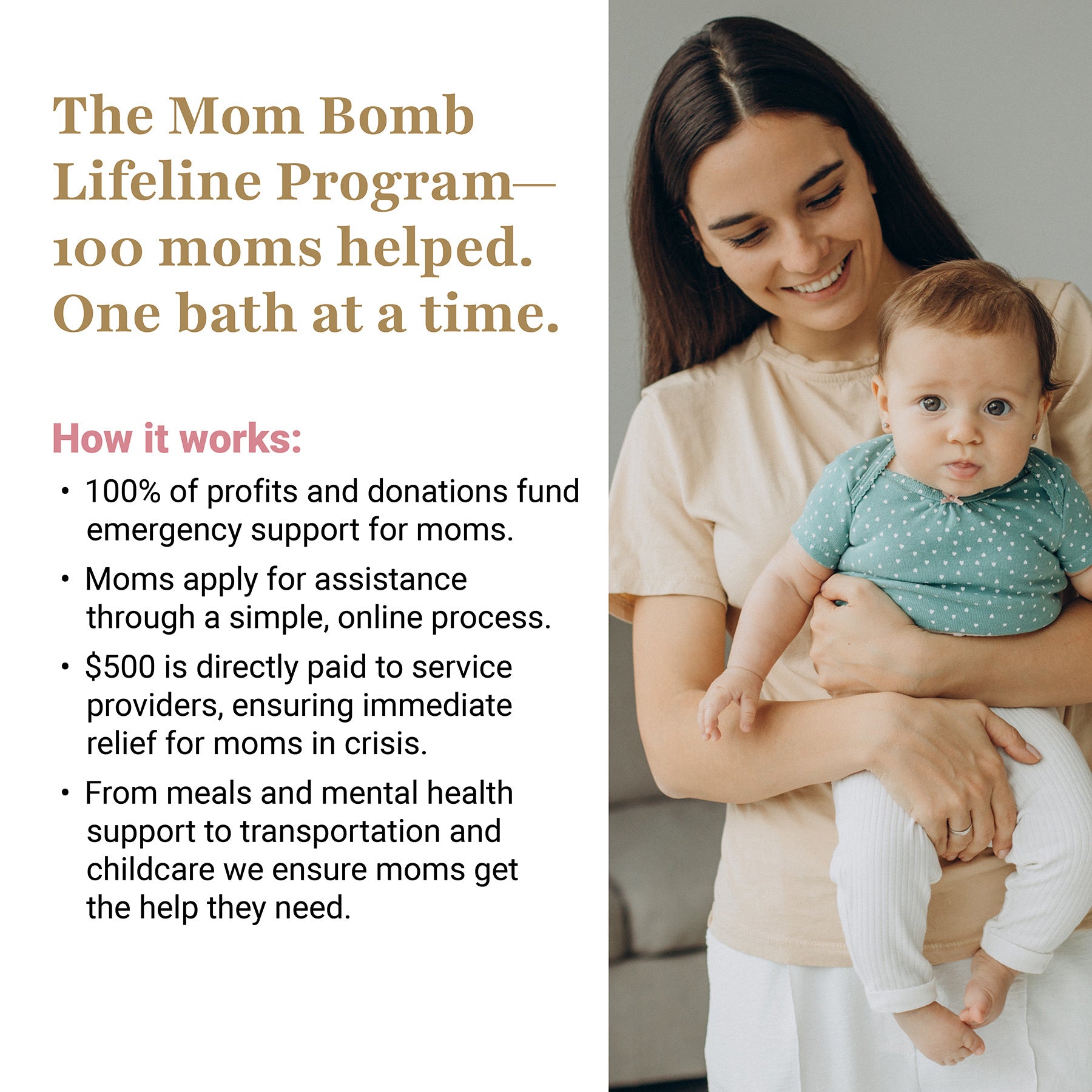 Mom Bomb Lifeline Program infographic – mother holding baby next to text describing how bath product profits support moms in crisis