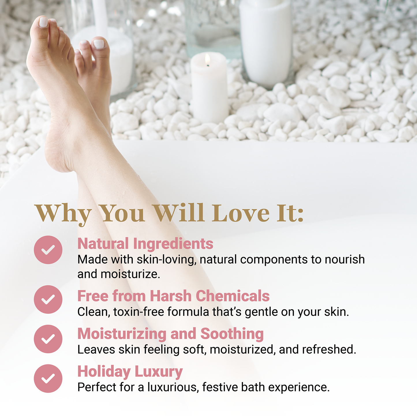 Woman relaxing in a spa bathtub with candles – graphic overlay highlighting the natural, soothing, and holiday-inspired benefits of Mom Bomb bath bombs