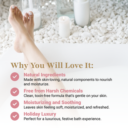 Woman relaxing in a spa bathtub with candles – graphic overlay highlighting the natural, soothing, and holiday-inspired benefits of Mom Bomb bath bombs