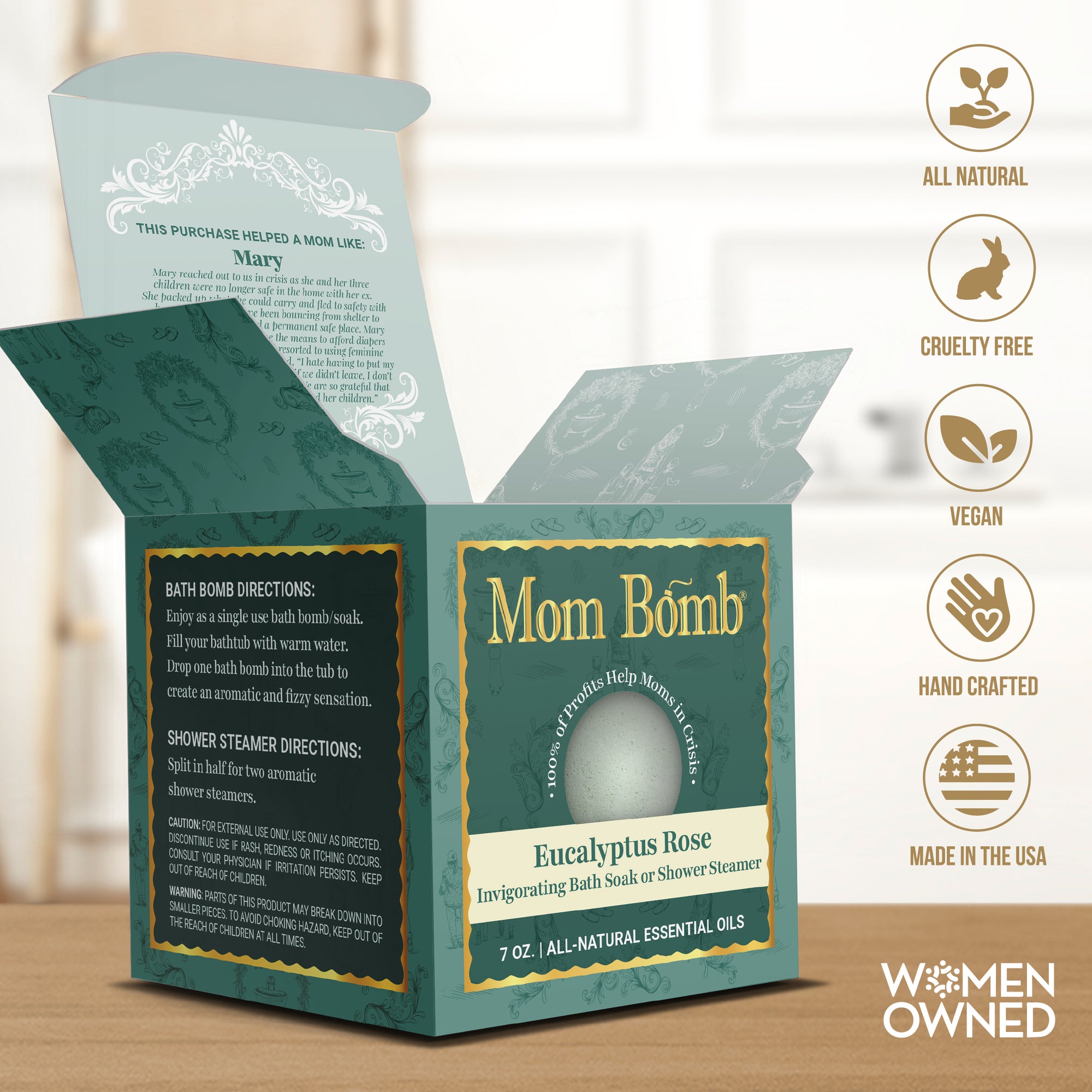 Eucalyptus Rose Bath Bomb box styled with spa icons including “Cruelty-Free” and “Made in USA.”