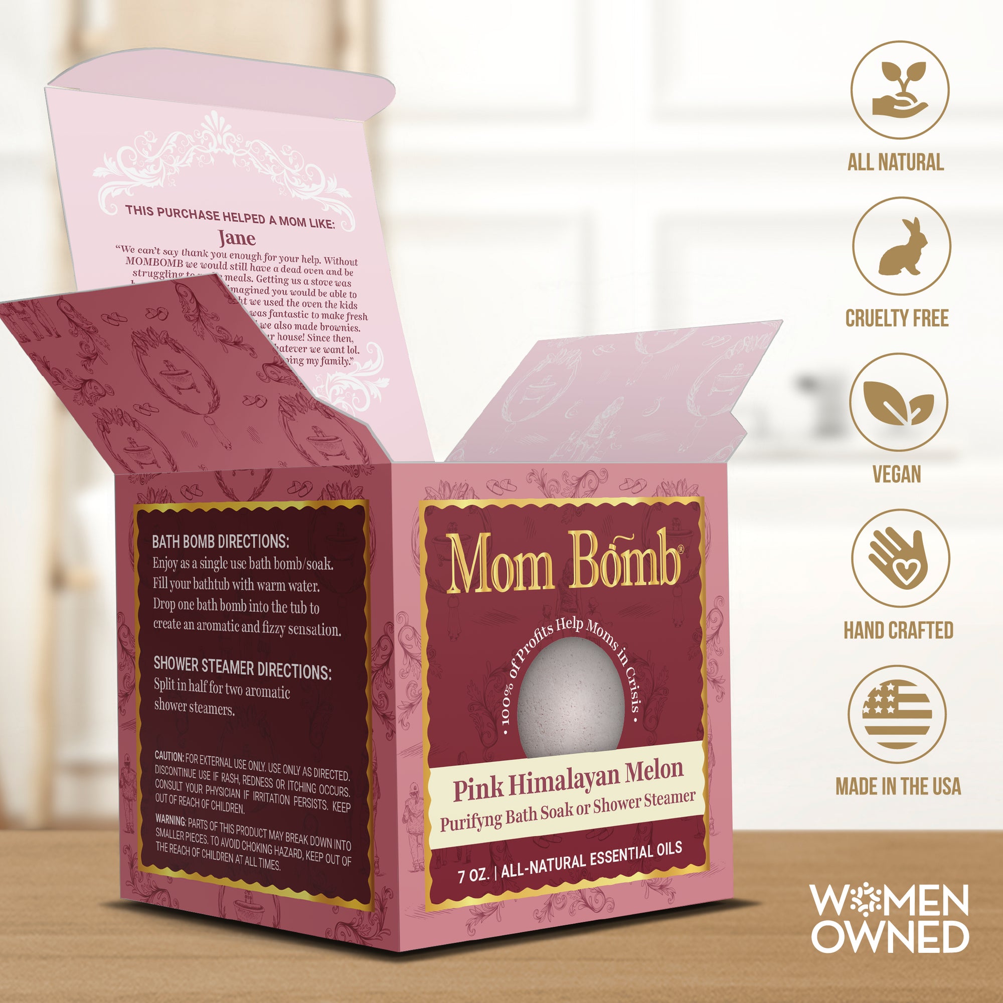 Open Pink Himalayan bath bomb box with icons highlighting natural, handcrafted, vegan quality.