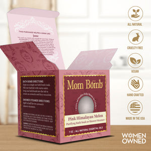Open Pink Himalayan bath bomb box with icons highlighting natural, handcrafted, vegan quality.
