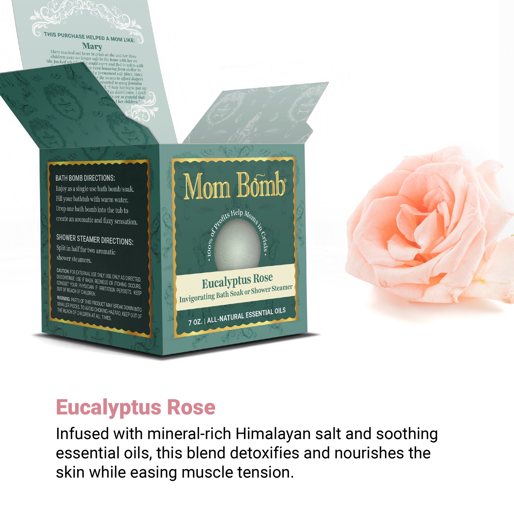 Open Eucalyptus Rose Bath Bomb box beside a soft pink rose—framing a romantic and restorative bath moment.
