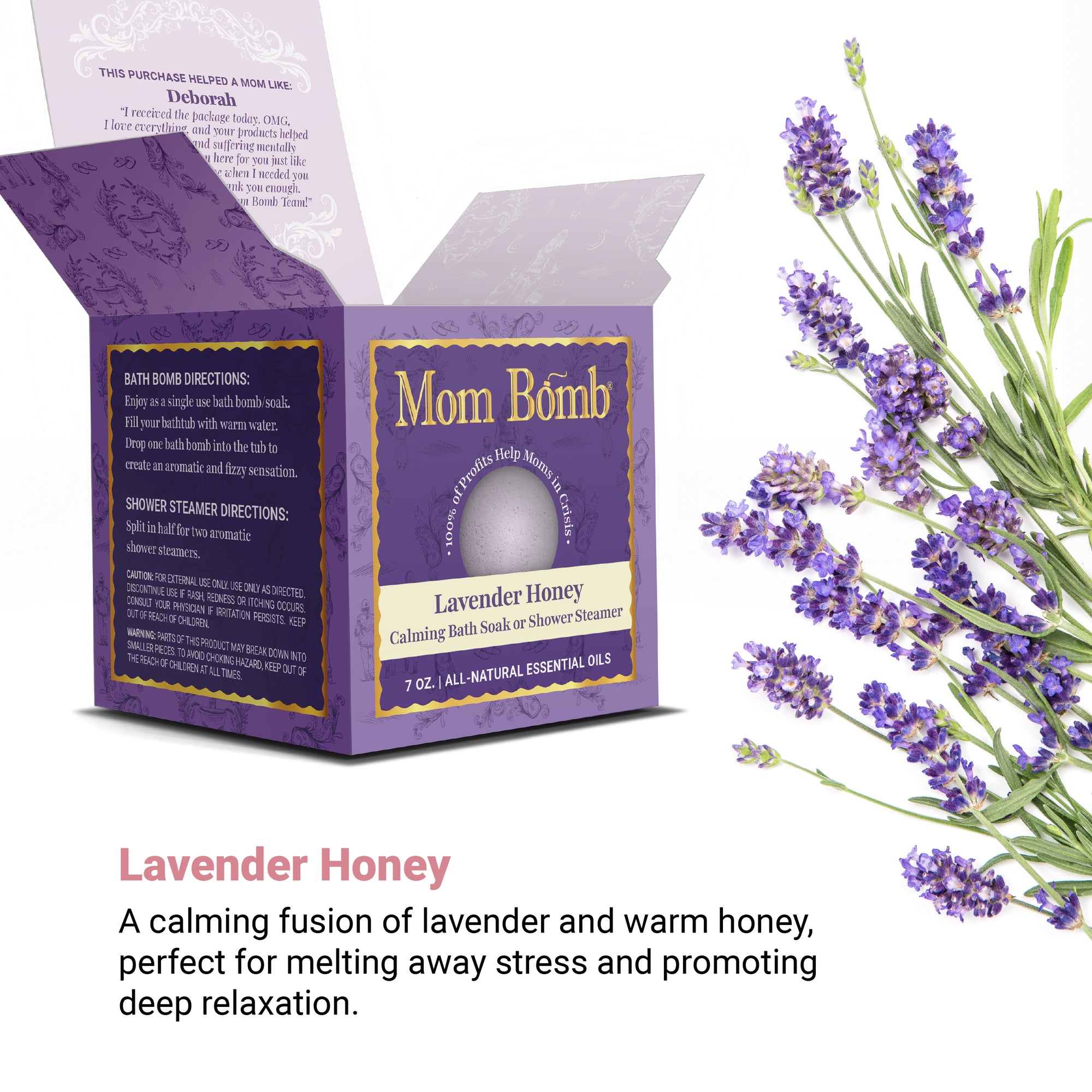 Lavender Honey Bath Bomb with open packaging and lavender sprigs—symbolizing calming aromatherapy.