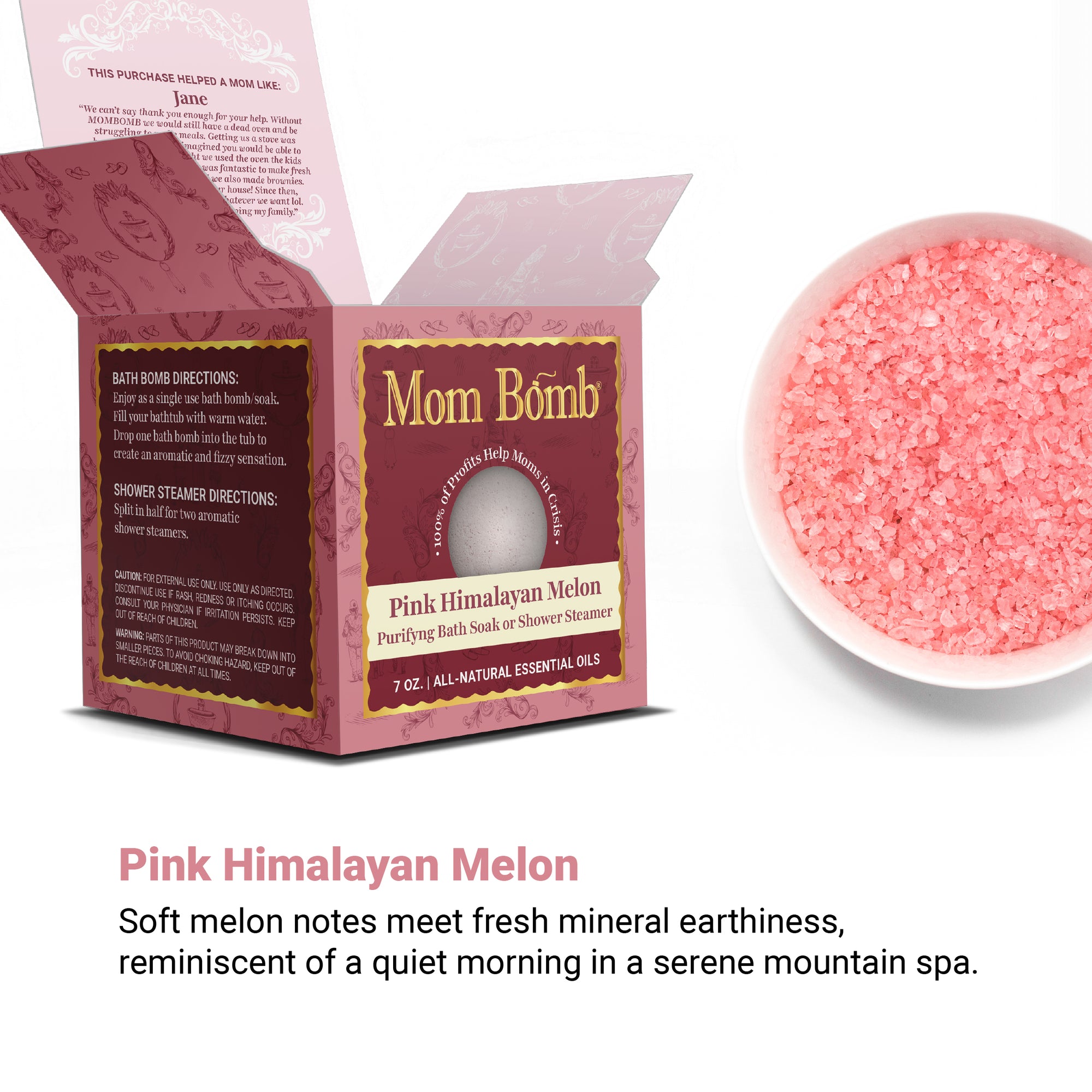 Pink Himalayan Bath Bomb displayed with bath salts—melodic and mineral-rich spa treatment visual.
