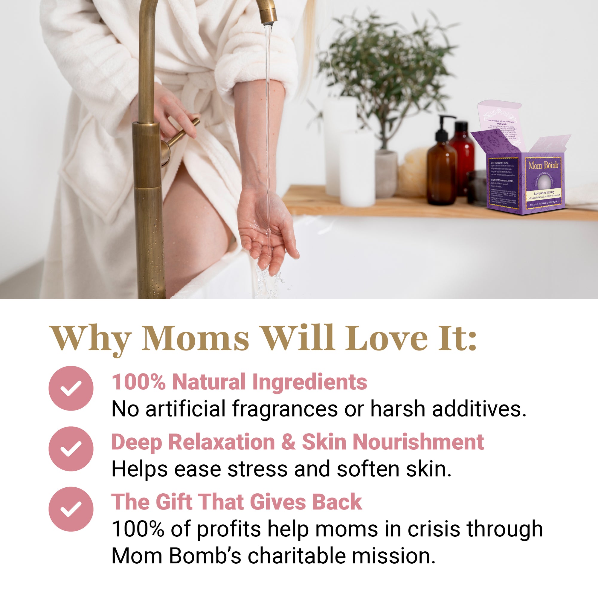 Woman in robe near Lavender Honey bath bomb with clean ingredient callouts and charitable impact statement.