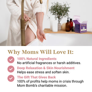 Woman in robe near Lavender Honey bath bomb with clean ingredient callouts and charitable impact statement.