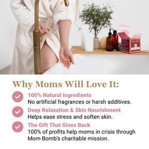 Woman relaxing in robe with Pink Himalayan bath bomb nearby; overlaid text shares ingredient purity and charitable support.