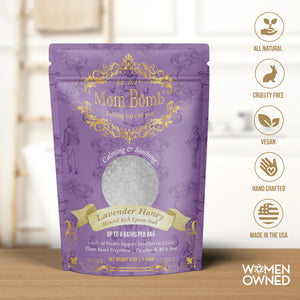 Mom Bomb Lavender Honey Bath Salt 3 lb hero image with calming floral design and wellness benefit badges
