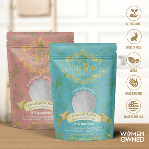 Two 3 lb bath salt bags from Mom Bomb in Eucalyptus Rose and Coconut Lime scents, with natural product icons beside them