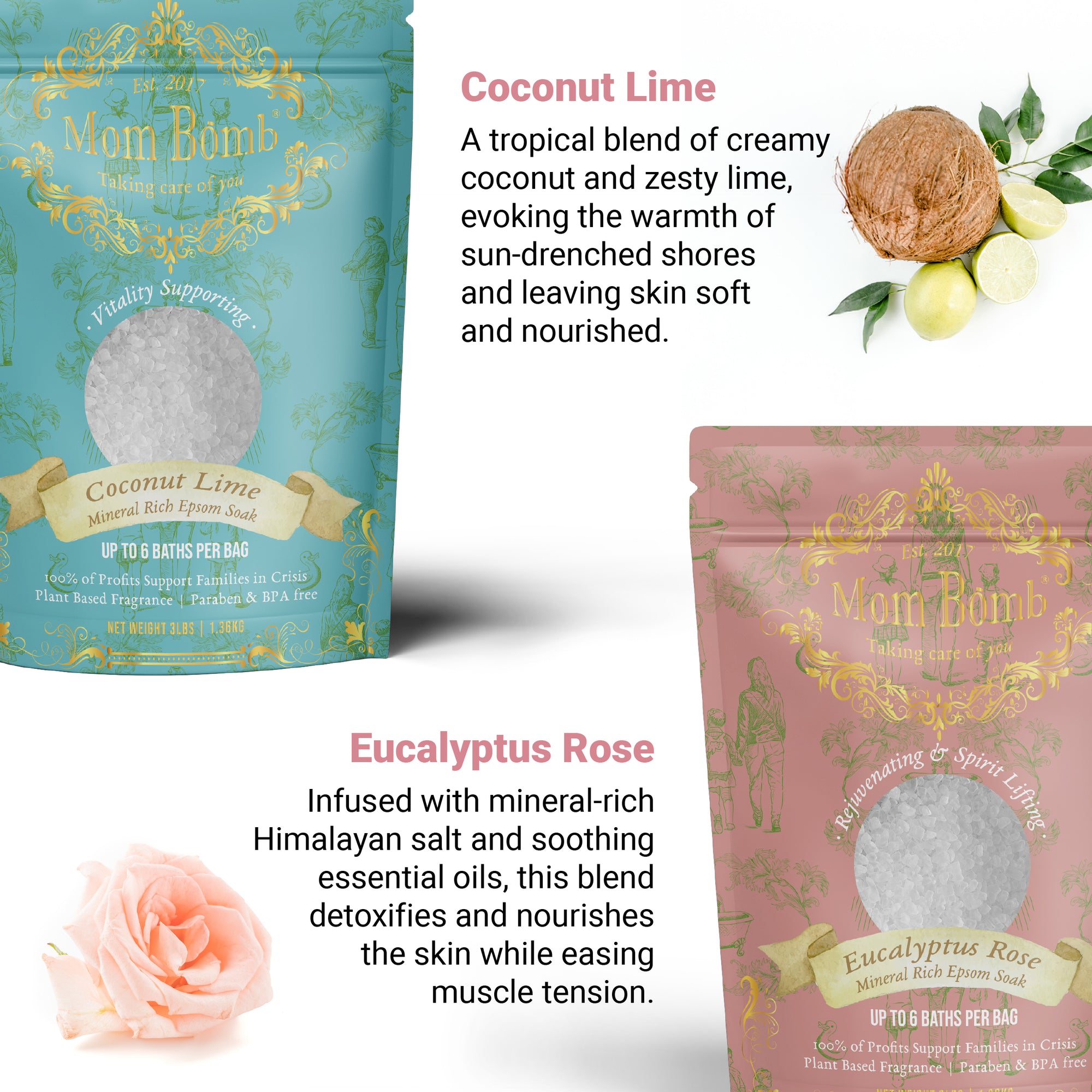 Coconut Lime and Eucalyptus Rose bath salt bags with illustrated scent descriptions and botanical imagery