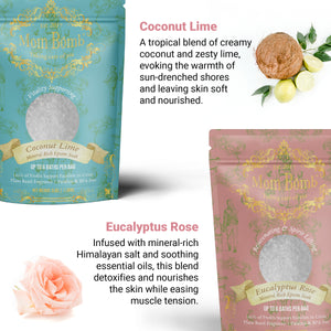 Coconut Lime and Eucalyptus Rose bath salt bags with illustrated scent descriptions and botanical imagery