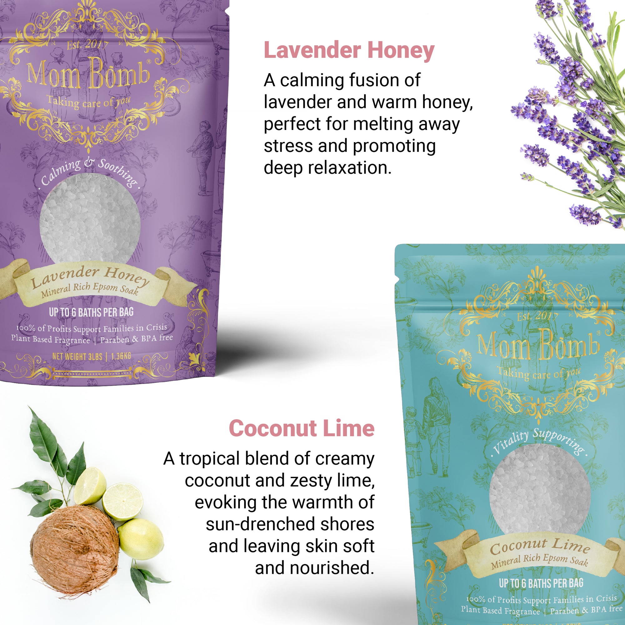 Split-screen image of Lavender Honey and Coconut Lime bath salts with botanical illustrations—lavender sprigs and halved limes and coconuts—highlighting each product’s sensory scent description.