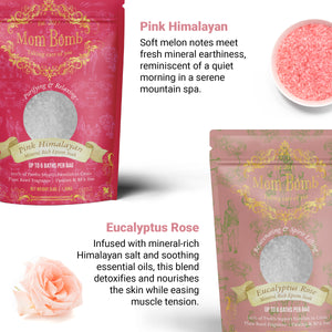 Close-up of Pink Himalayan and Eucalyptus Rose bath salts with natural elements like roses and pink salt crystals; overlay text describes their scents and mood benefits.