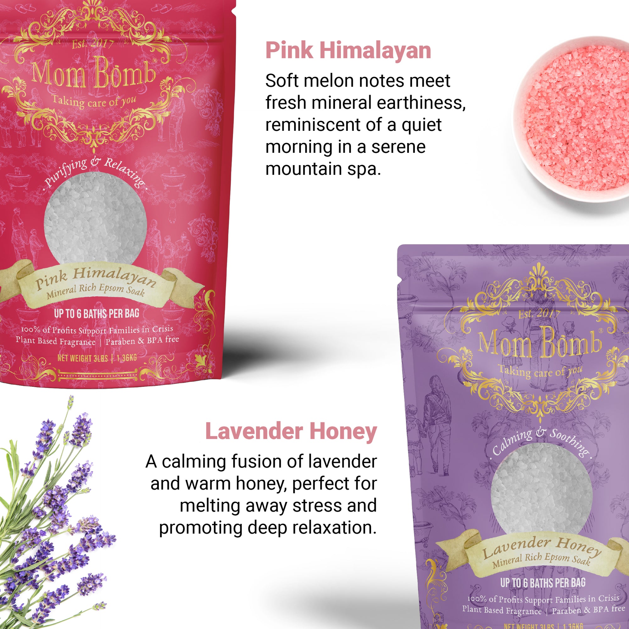 Flat lay of Mom Bomb Lavender Honey and Pink Himalayan bath salts with ingredients like lavender sprigs and pink salt, labeled with their scent and wellness benefits