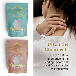 Coconut Lime and Eucalyptus Rose bath salt bags beside a woman with sore shoulders, encouraging a clean alternative to chemical Epsom salts