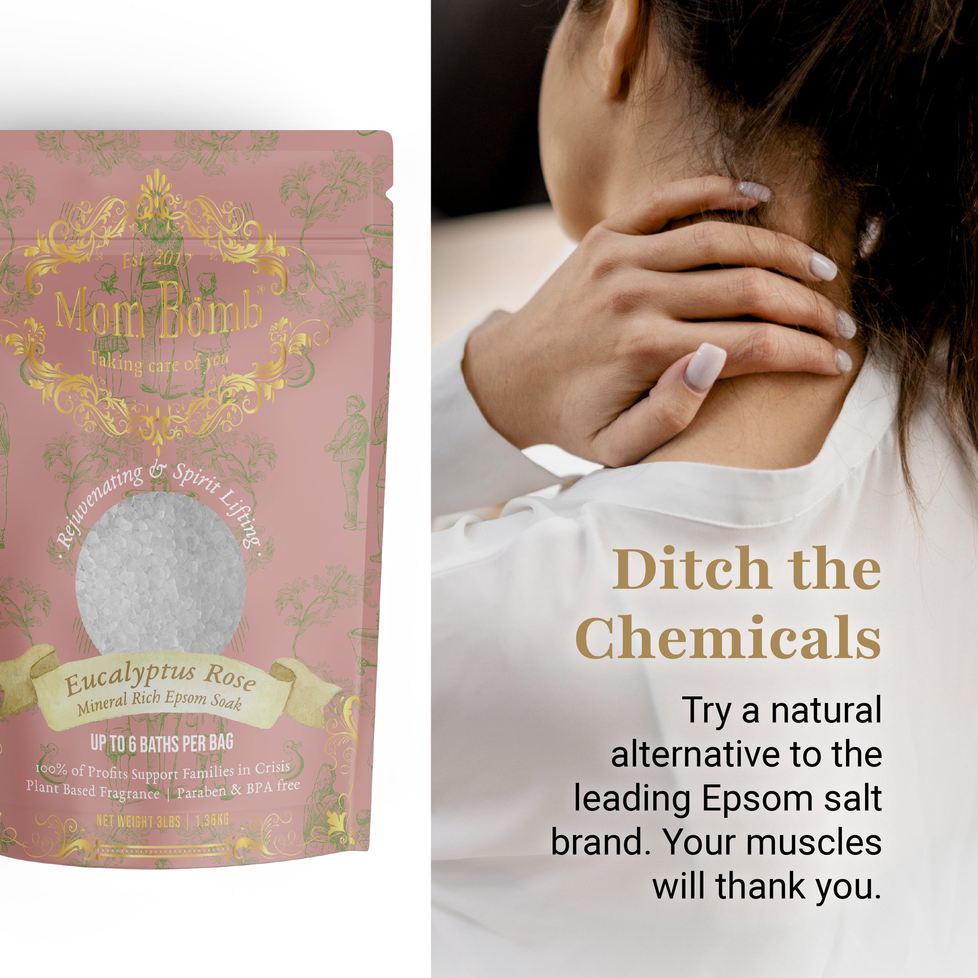 Eucalyptus Rose Bath Salt from Mom Bomb pictured with woman experiencing back tension – promotes clean, natural relief