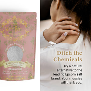 Eucalyptus Rose Bath Salt from Mom Bomb pictured with woman experiencing back tension – promotes clean, natural relief