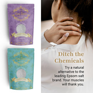 Side-by-side display of Lavender Honey and Coconut Lime bath salts next to a woman holding her neck, with the message: ‘Ditch the Chemicals—Try a natural alternative to the leading Epsom salt brand.