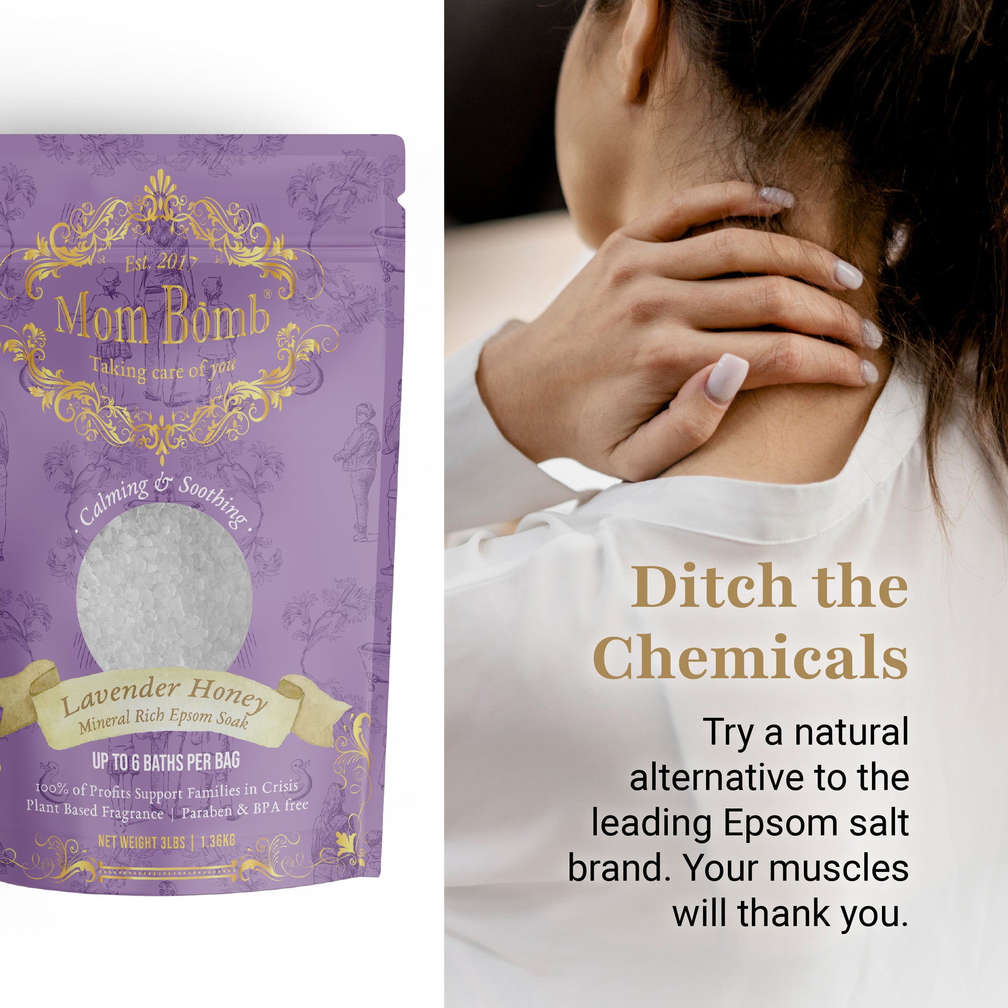 Mom Bomb Lavender Honey Bath Salt next to woman with shoulder tension – promotes natural alternative to chemical-heavy soaks
