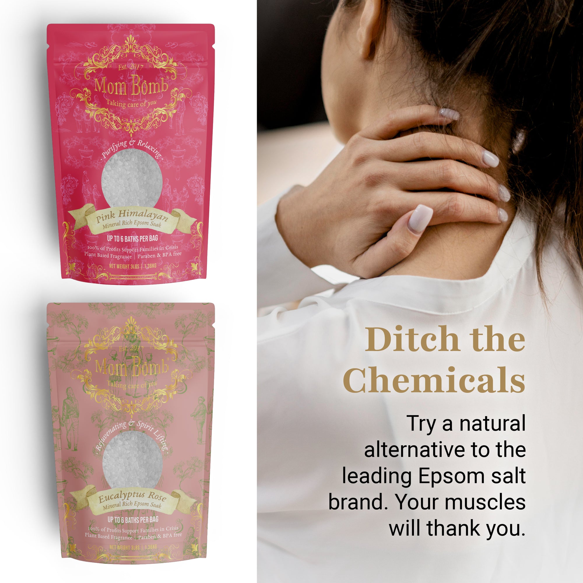 Woman with hand on shoulder next to two Mom Bomb bath salt bags—Pink Himalayan and Eucalyptus Rose—with message encouraging natural alternatives to traditional Epsom salts.
