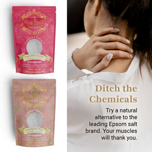 Woman with hand on shoulder next to two Mom Bomb bath salt bags—Pink Himalayan and Eucalyptus Rose—with message encouraging natural alternatives to traditional Epsom salts.