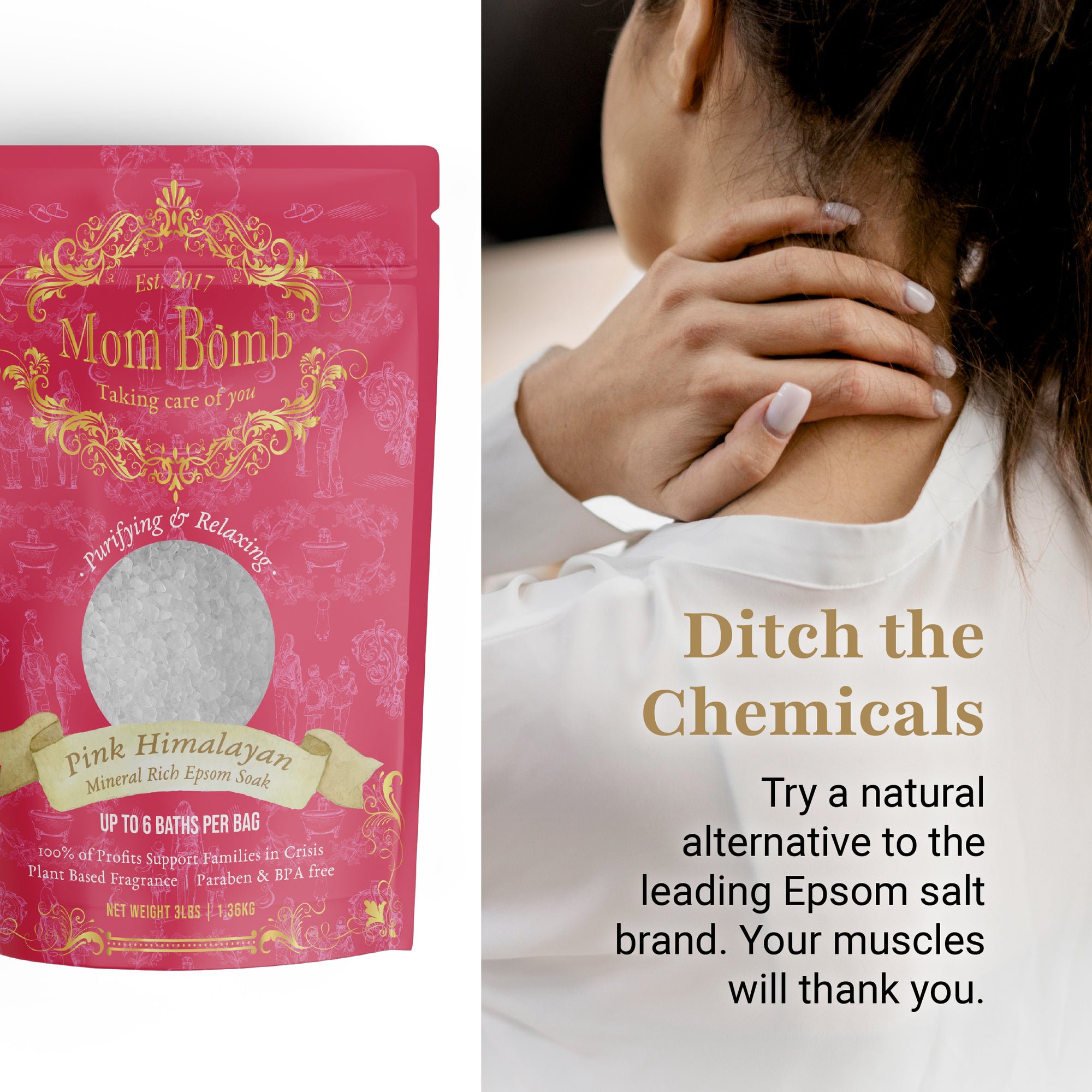 Pink Himalayan Bath Salt from Mom Bomb displayed beside woman with neck tension – clean and natural Epsom salt alternative