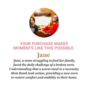 Customer testimonial featuring a mom named Jane and her children, sharing how Mom Bomb helped restore warmth and stability to their home