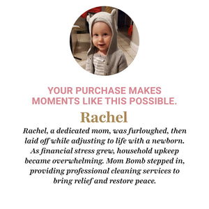 Customer testimonial from a mom named Rachel helped by Mom Bomb, featuring her toddler in a cozy gray hoodie with ears