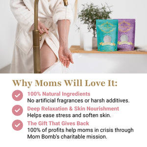A woman in a robe turns on the bathtub faucet with Mom Bomb Coconut Lime and Lavender Honey bath salts in the background, alongside wellness claims: 100% natural ingredients, deep relaxation, and charitable giving.