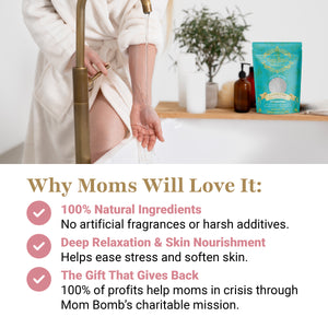 Woman filling bath next to Mom Bomb Coconut Lime Bath Salt with benefits list for natural relaxation and giving back