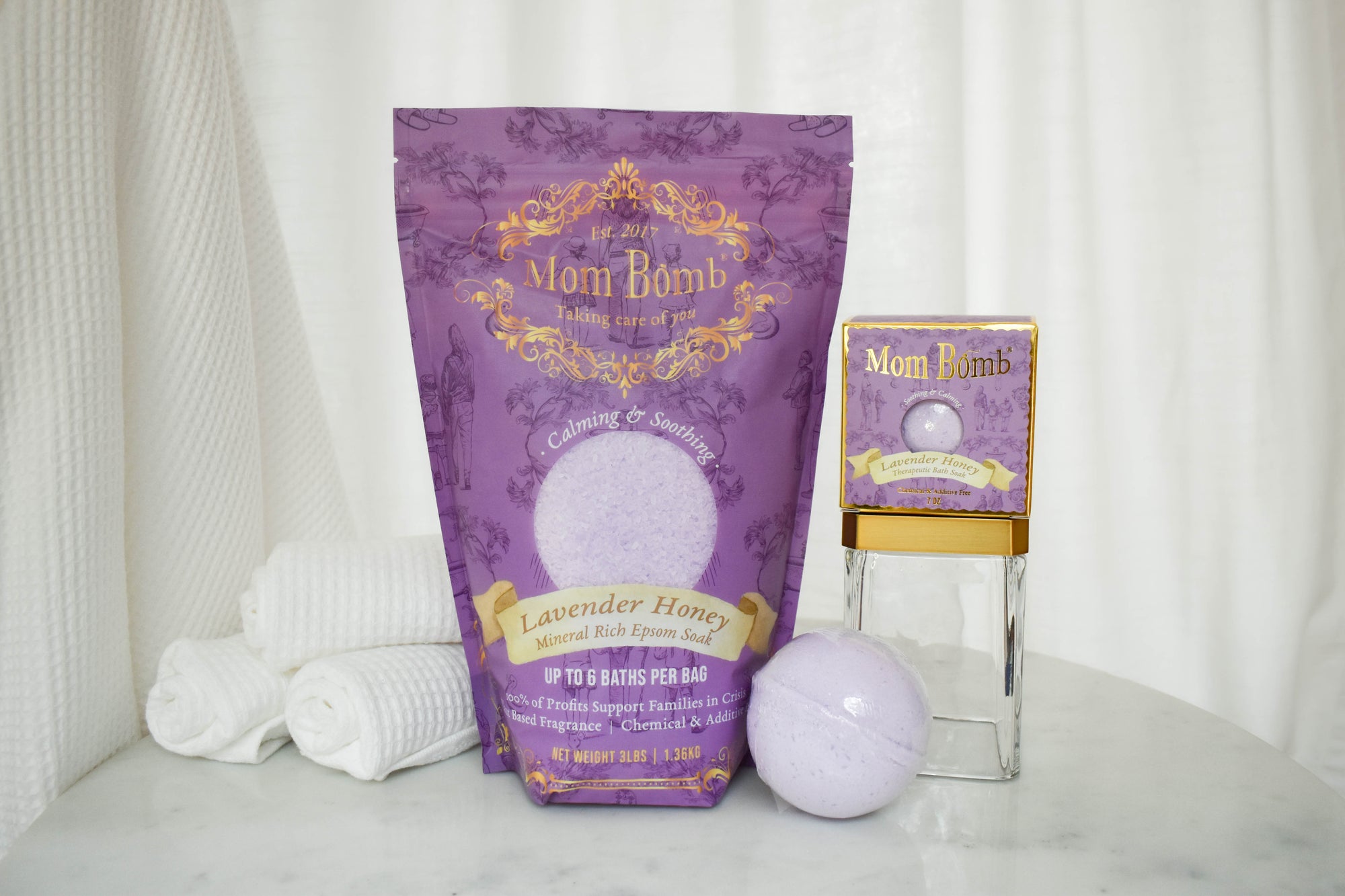 Mom Bomb Lavender Honey Bundle 7 oz Bath Bomb Plus 3lb Bath Soak