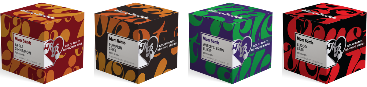 Fall Restoration 4-pack: four 5 oz Mom Bomb bath bombs in Pumpkin Spice, Apple Cinnamon, Witches Brew and Blood Bath