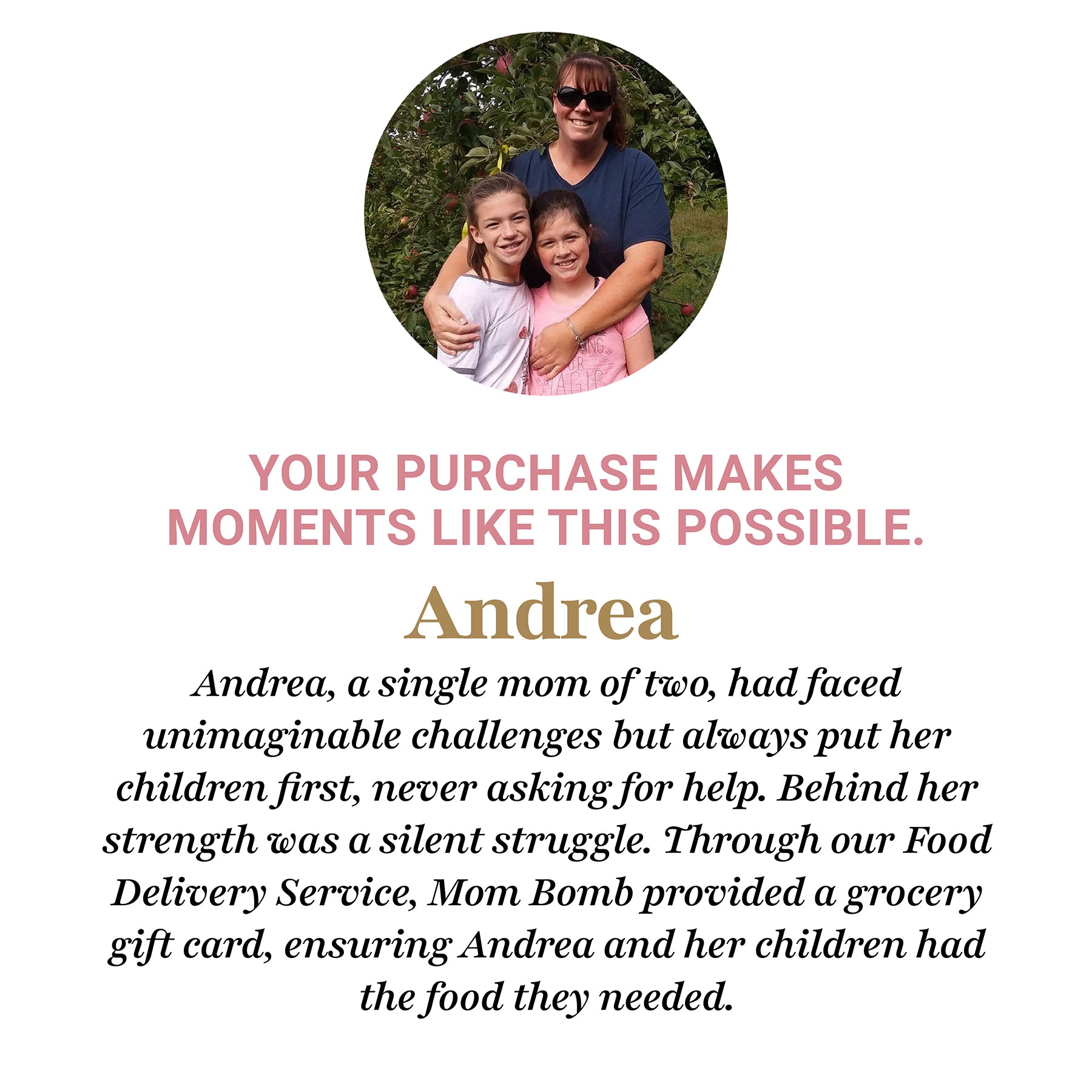 Andrea’s story – Mom Bomb Lifeline Grant recipient featured with quote about receiving support during crisis