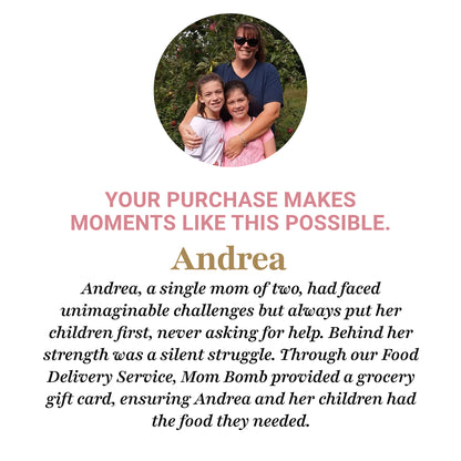 Andrea’s story – Mom Bomb Lifeline Grant recipient featured with quote about receiving support during crisis