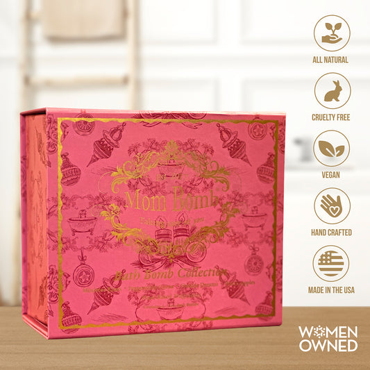 Solstice Soak gift box by Mom Bomb – red and gold seasonal bath bomb set with four relaxing and nostalgic scents