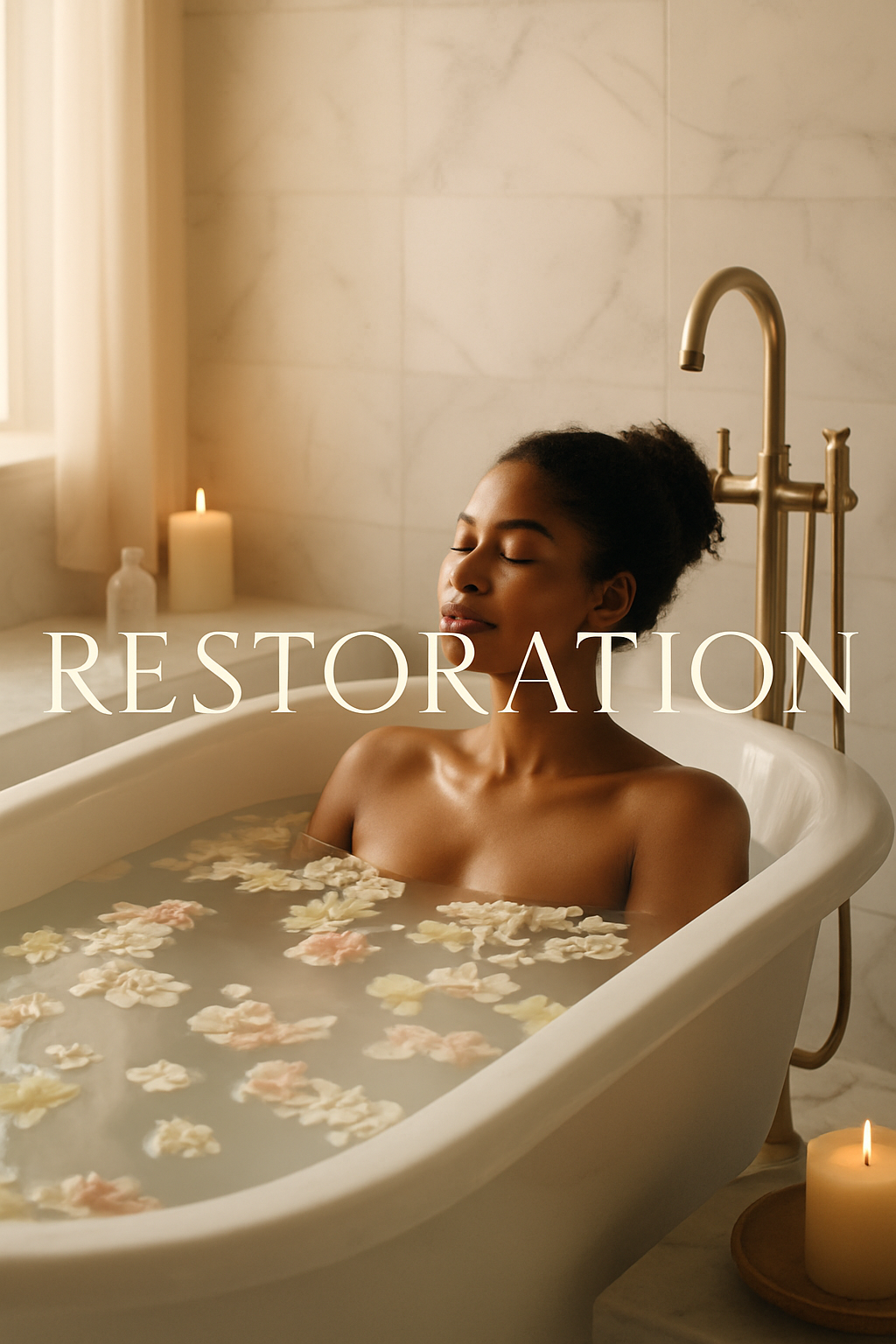 Black woman relaxing in a bathtub filled with flower petals, surrounded by candles, with text overlay “RESTORATION.”